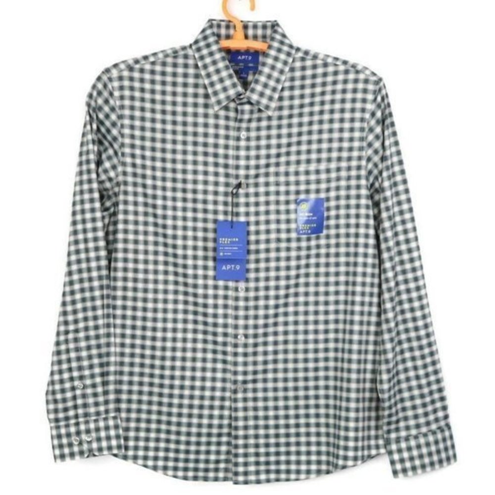 Apt 9 Non Iron Premier Flex Shirt Blue‎ Plaid Long Sleeve L Large
